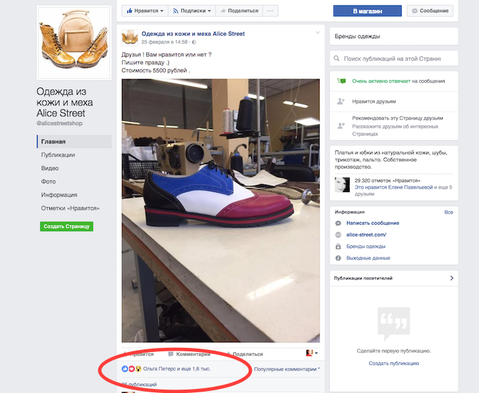 Большое количество откликов и эффективная работа с аудиторией на странице интернет-магазина Alice-street.com в Facebook