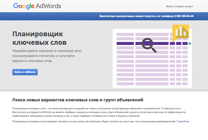 Главная страница Планировщика ключевых слов Google AdWords. Отсюда начинается путь бизнес-идеи интернет-магазина