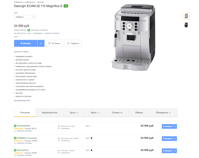Подборка цен на кофеварку на Яндекс.Маркете — отличный способ анализа конкурентов