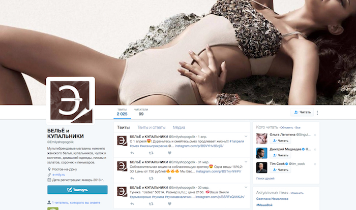 Twitter интернет-магазина женского белья E-mily.ru для привлечения трафика
