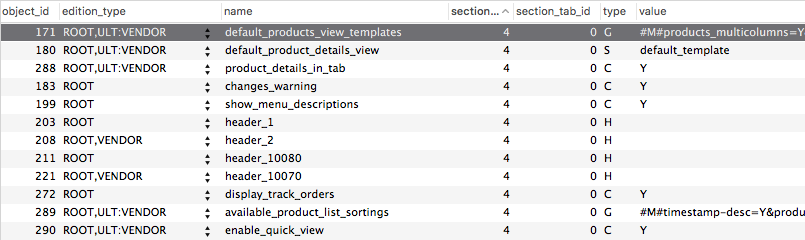 Список настроек CS-Cart в таблице БД cscart_settings_objects.